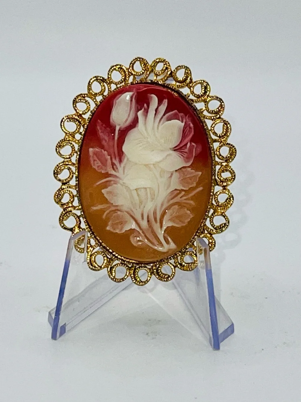 Vintage Gold Tone Ornate Floral Cameo Scarf Clip Brooch Estate Pc